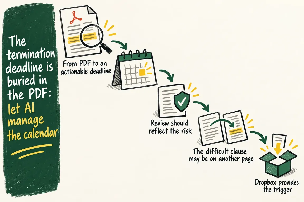 Illustrated infographic summarizing: The termination deadline is buried in the PDF: let AI manage the calendar