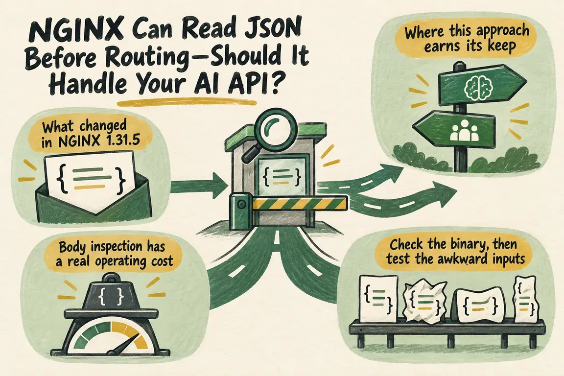 Illustrated infographic summarizing: NGINX Can Read JSON Before Routing—Should It Handle Your AI API?