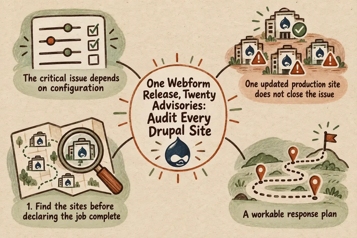 Illustrated infographic summarizing: One Webform Release, Twenty Advisories: Audit Every Drupal Site