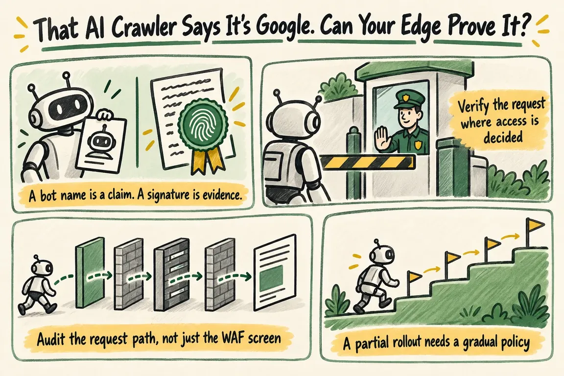 Illustrated infographic summarizing: That AI Crawler Says It’s Google. Can Your Edge Prove It?