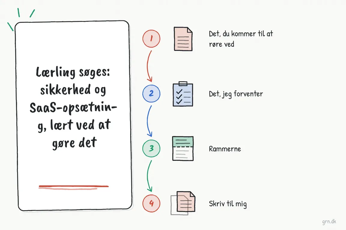 Illustreret infografik, der opsummerer: Lærling søges: sikkerhed og SaaS-opsætning, lært ved at gøre det