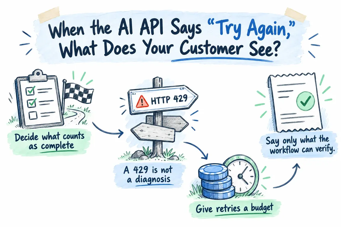 Illustrated infographic summarizing: When the AI API Says “Try Again,” What Does Your Customer See?