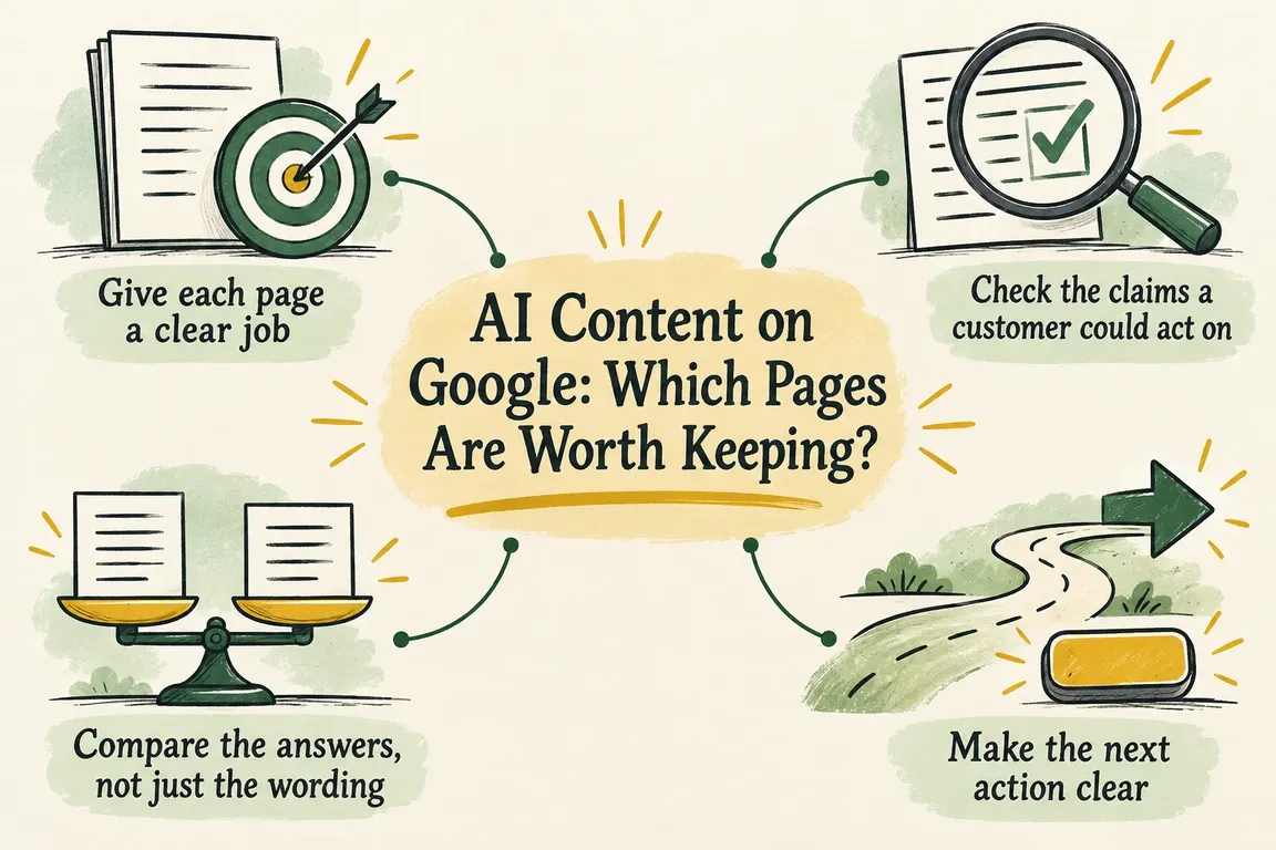 Illustrated infographic summarizing: AI Content on Google: Which Pages Are Worth Keeping?