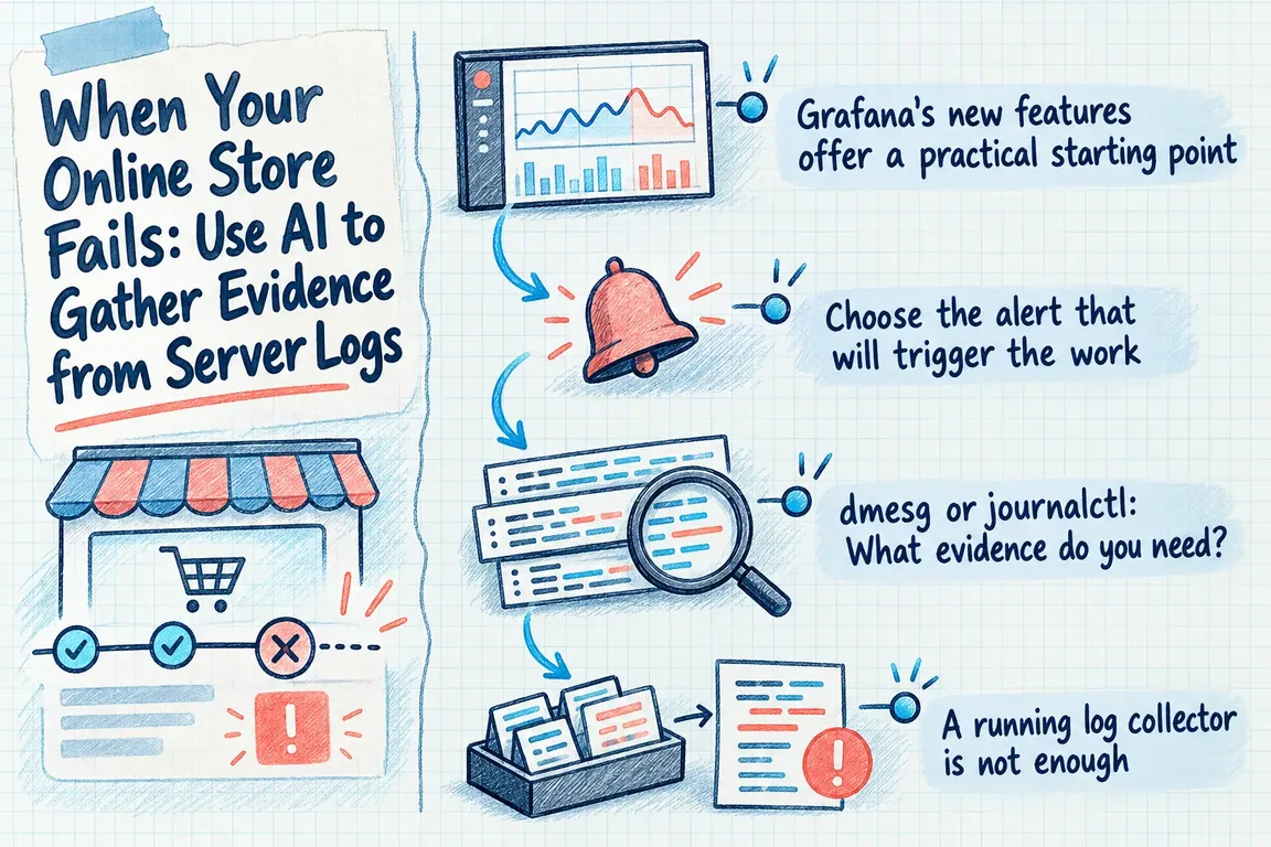 Illustrated infographic summarizing: When Your Online Store Fails: Use AI to Gather Evidence from Server Logs