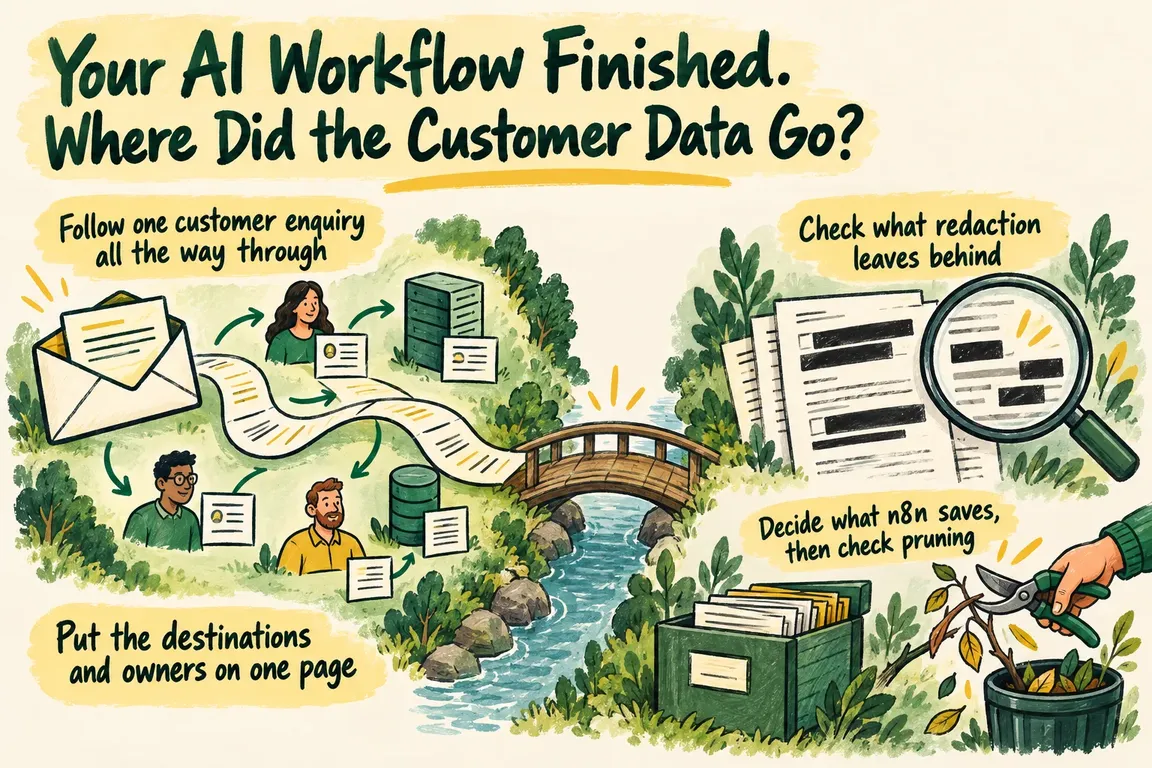 Illustrated infographic summarizing: Your AI Workflow Finished. Where Did the Customer Data Go?