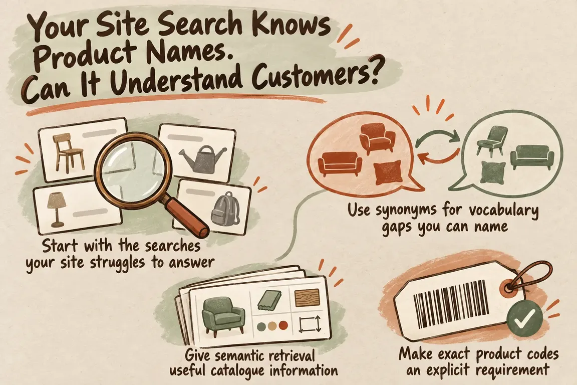 Illustrated infographic summarizing: Your Site Search Knows Product Names. Can It Understand Customers?