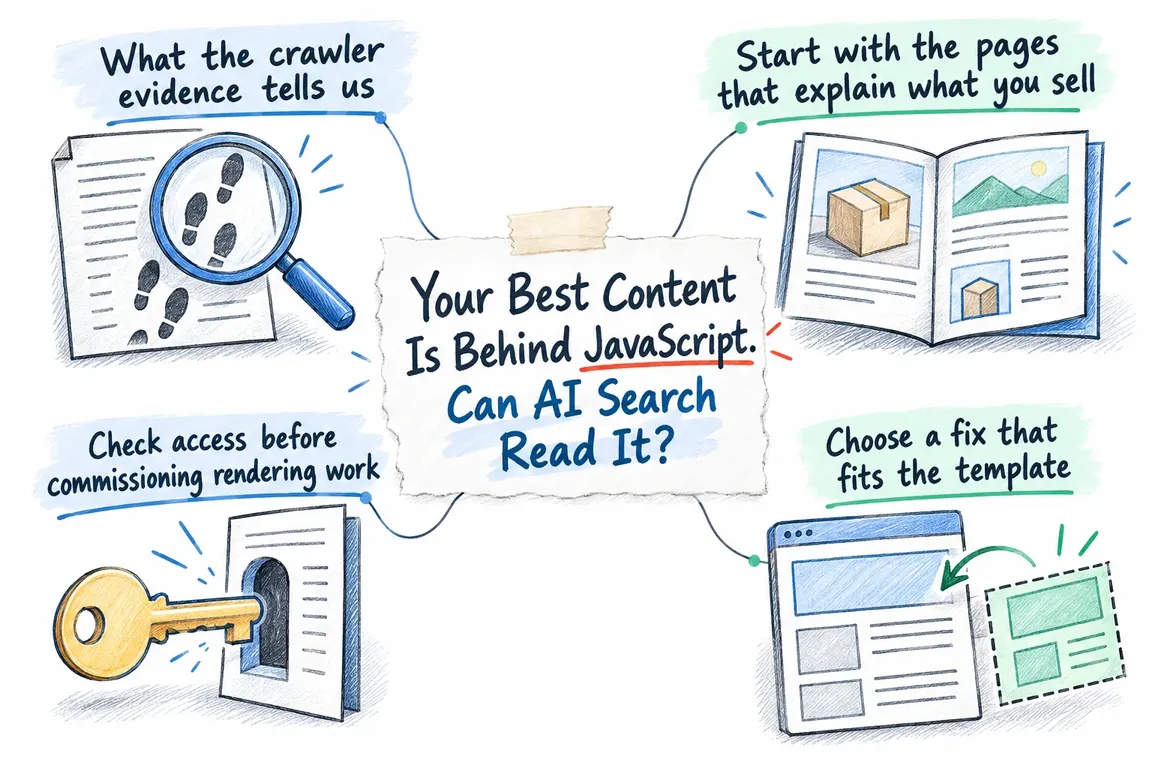 Illustrated infographic summarizing: Your Best Content Is Behind JavaScript. Can AI Search Read It?