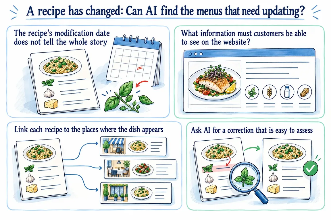 Illustrated infographic summarizing: A recipe has changed: Can AI find the menus that need updating?