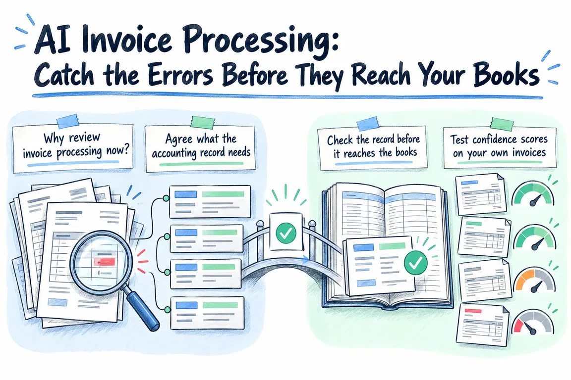 Illustrated infographic summarizing: AI Invoice Processing: Catch the Errors Before They Reach Your Books