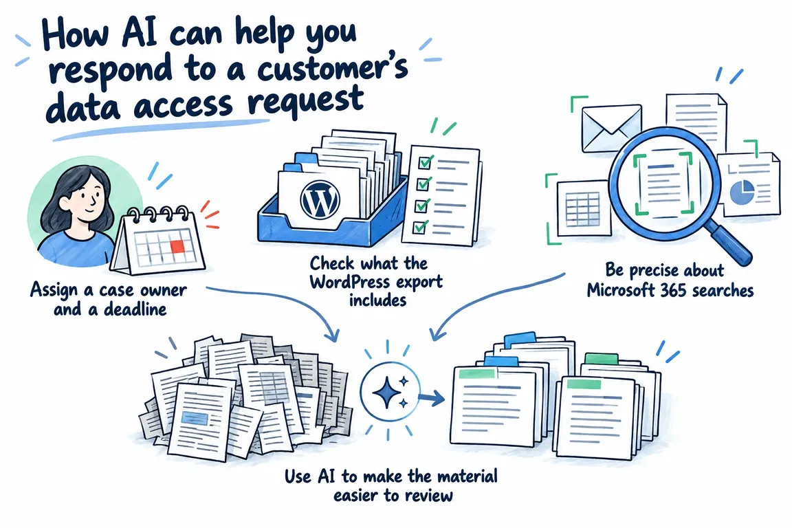Illustrated infographic summarizing: How AI can help you respond to a customer’s data access request