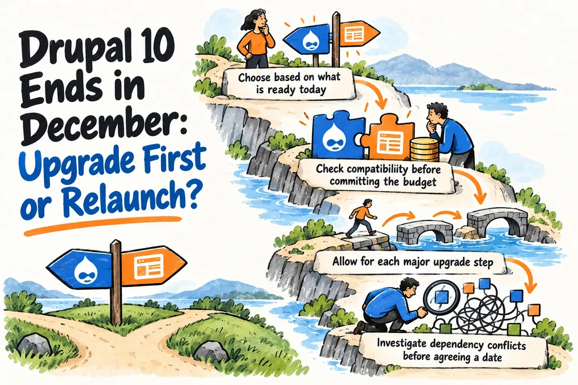 Illustrated infographic summarizing: Drupal 10 Ends in December: Upgrade First or Relaunch?