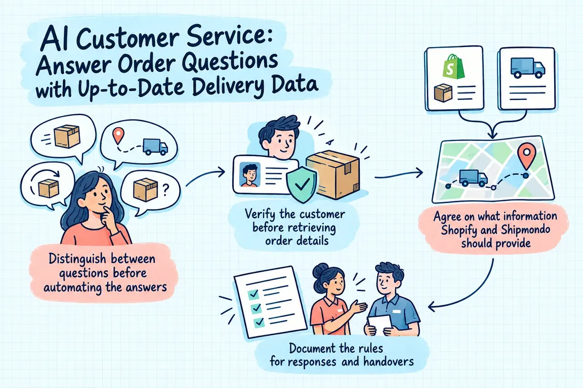 Illustrated infographic summarizing: AI Customer Service: Answer Order Questions with Up-to-Date Delivery Data