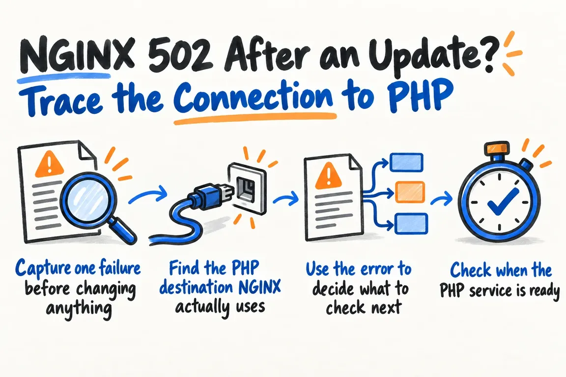 Illustrated infographic summarizing: NGINX 502 After an Update? Trace the Connection to PHP