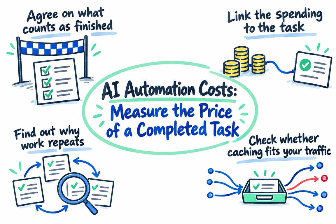 Illustrated infographic summarizing: AI Automation Costs: Measure the Price of a Completed Task