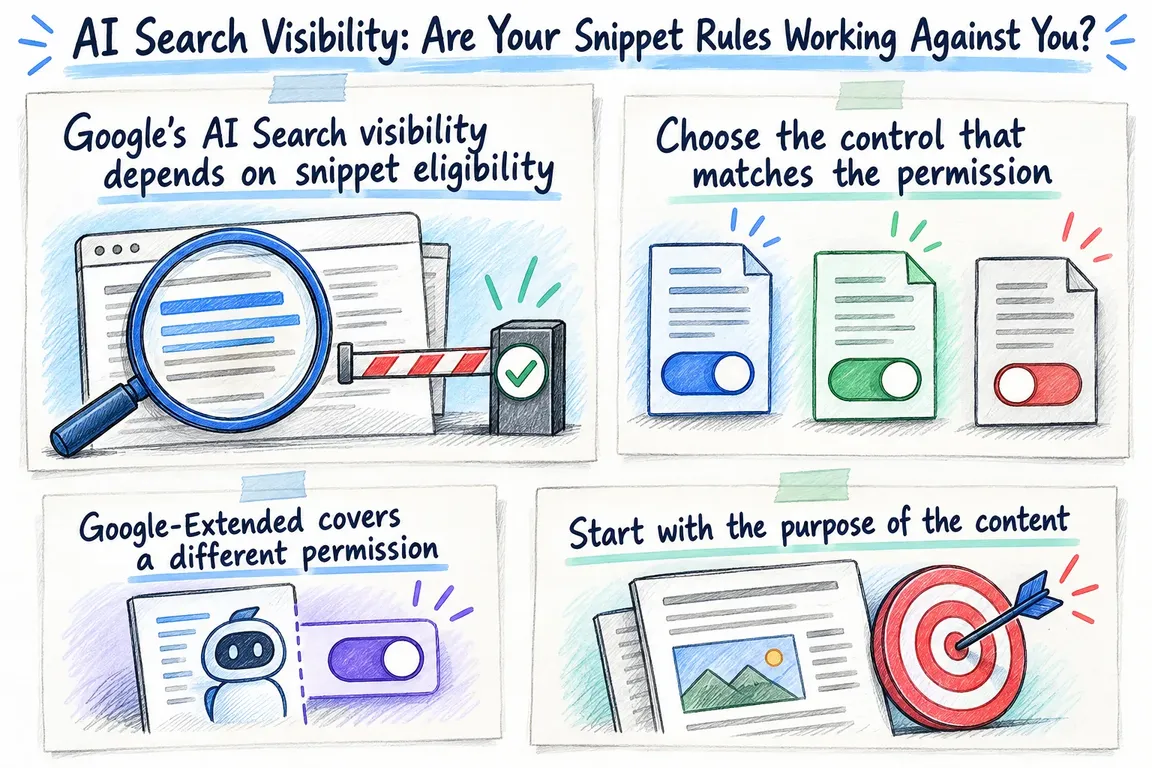 Illustrated infographic summarizing: AI Search Visibility: Are Your Snippet Rules Working Against You?