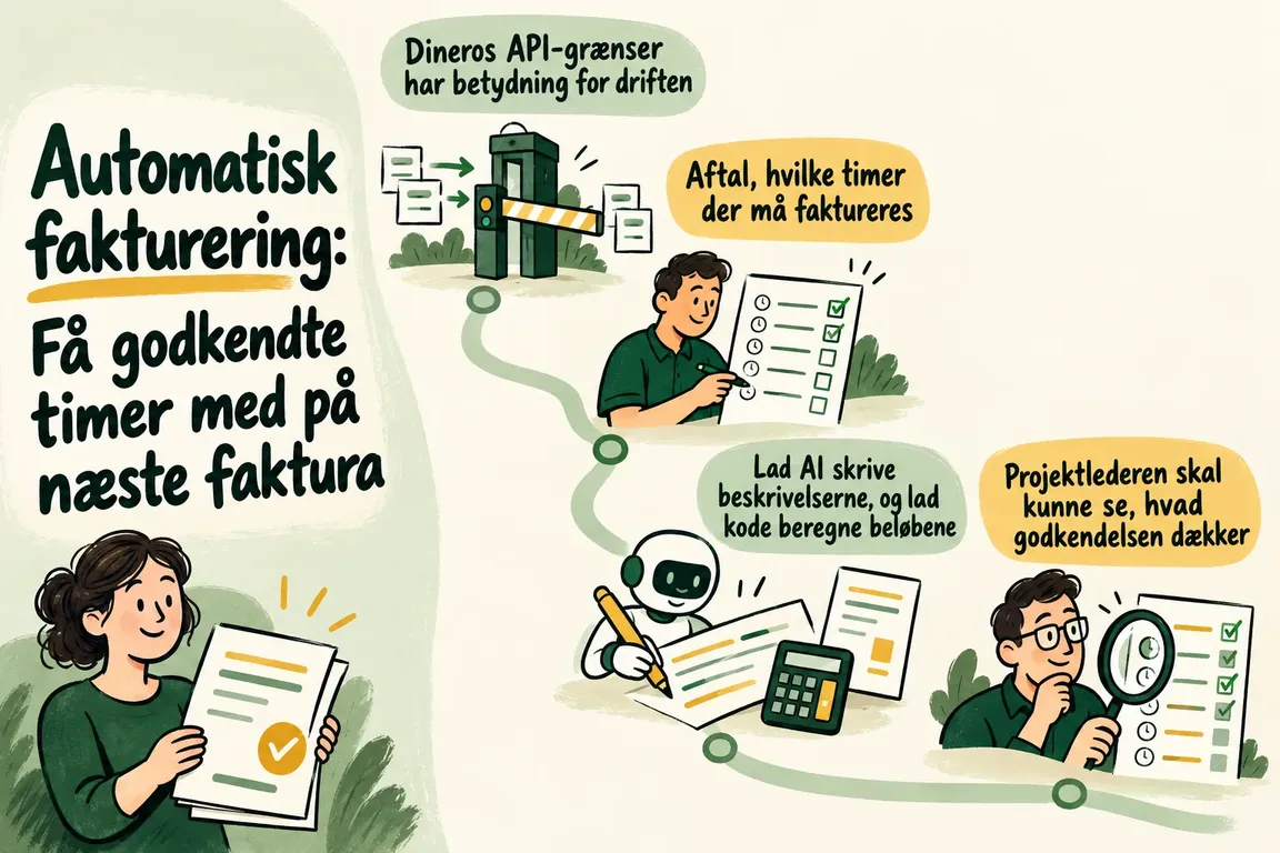 Illustreret infografik, der opsummerer: Automatisk fakturering: Få godkendte timer med på næste faktura
