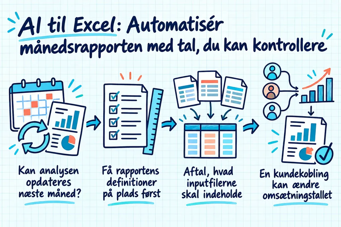 Illustreret infografik, der opsummerer: AI til Excel: Automatisér månedsrapporten med tal, du kan kontrollere