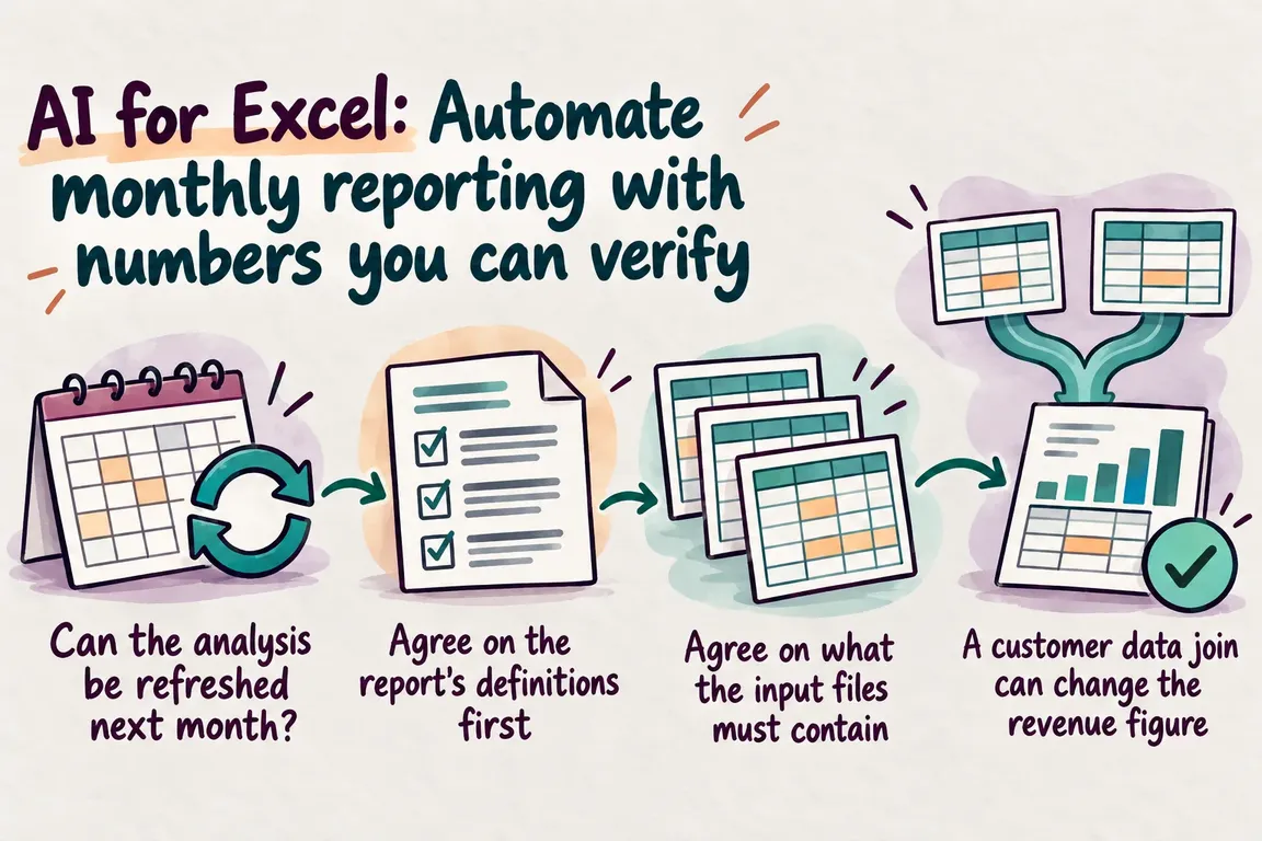 Illustrated infographic summarizing: AI for Excel: Automate monthly reporting with numbers you can verify