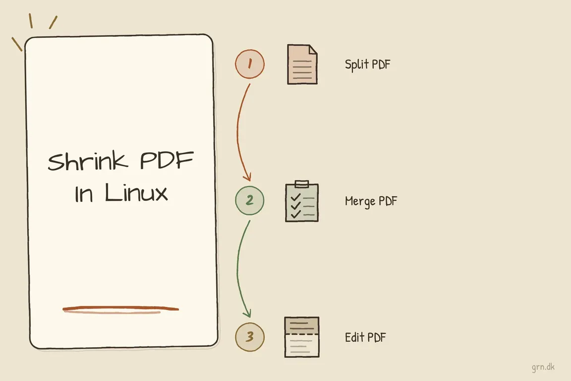 Illustrated infographic summarizing: Shrink PDF In Linux