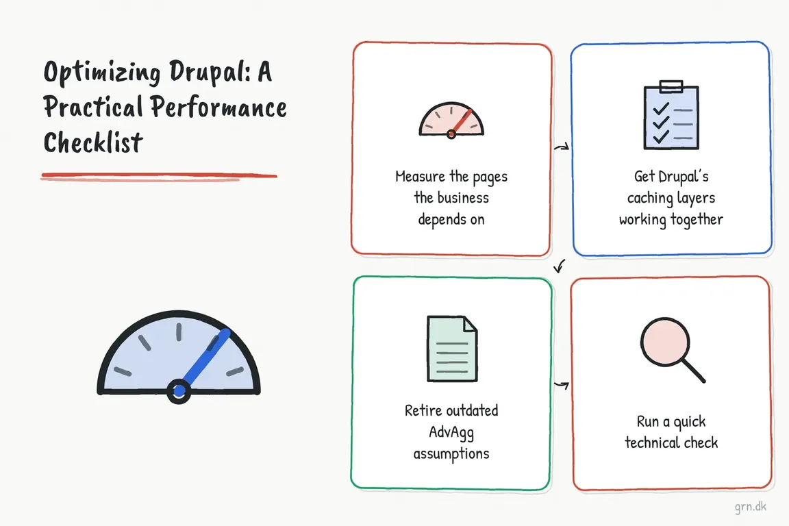 Illustrated infographic summarizing: Optimizing Drupal: A Practical Performance Checklist