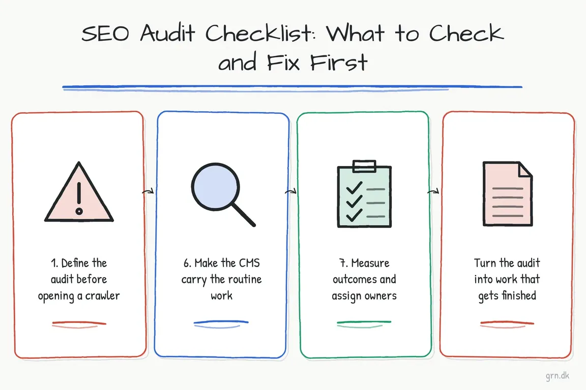 Illustrated infographic summarizing: SEO Audit Checklist: What to Check and Fix First