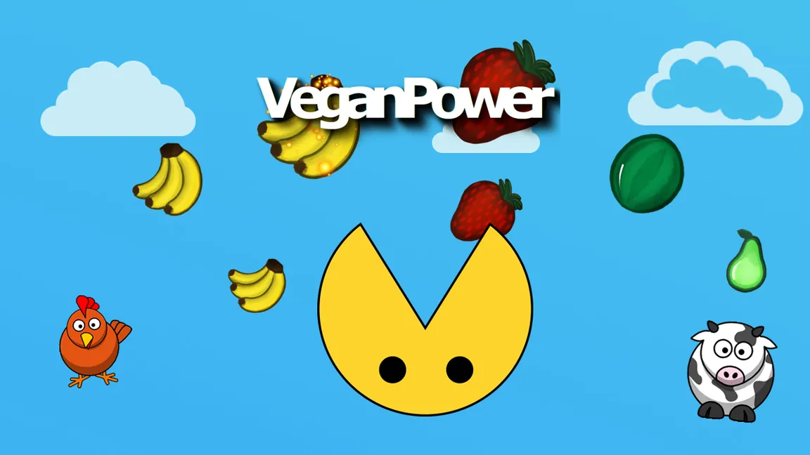 Vegan Power game: the yellow player catches falling fruit while a chicken and a cow look on