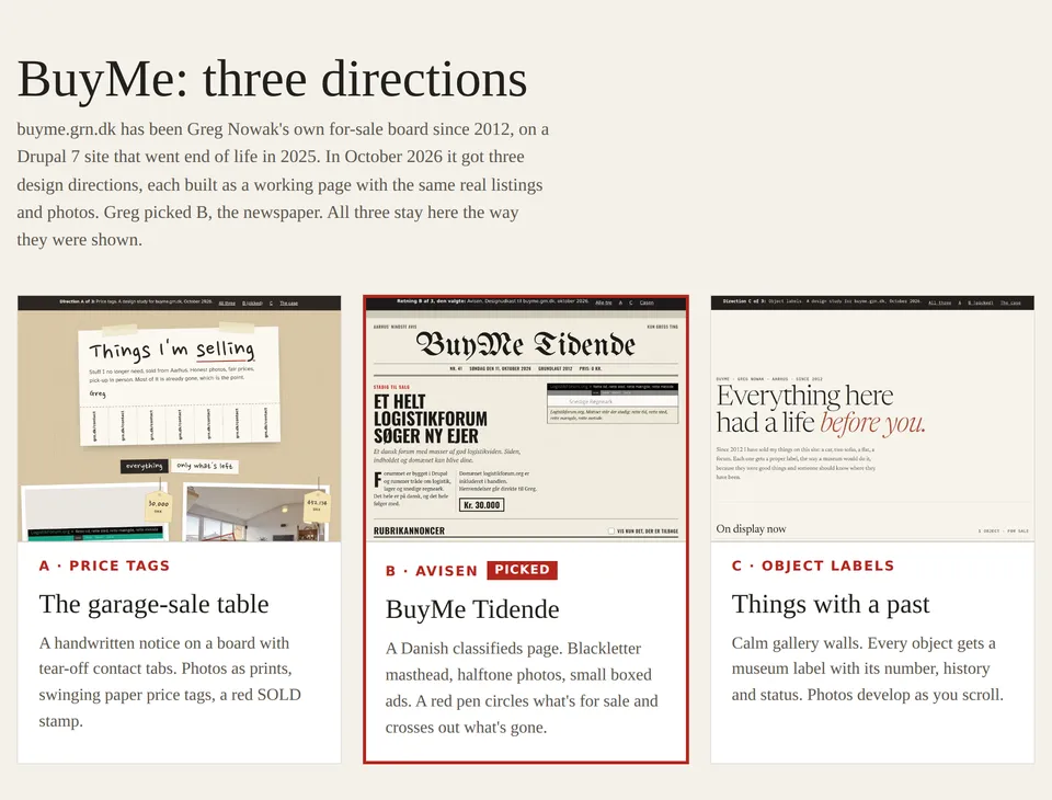 The BuyMe directions overview on demo.grn.dk: three screenshots side by side, a handwritten price-tag board, the BuyMe Tidende newspaper marked Picked, and a quiet gallery page.
