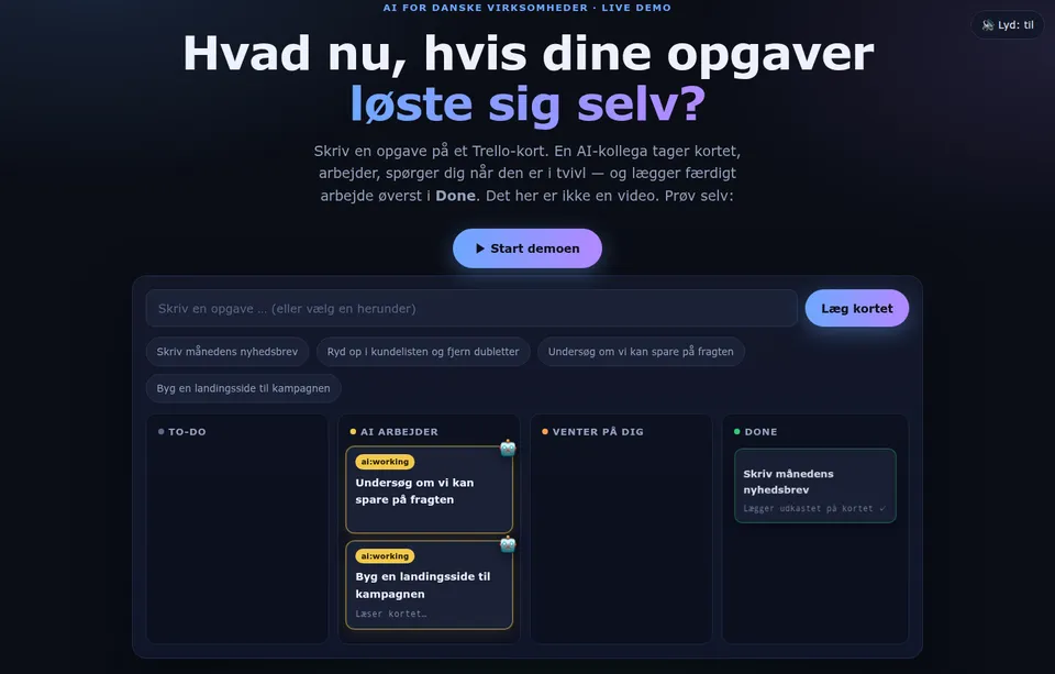 cases.grn.dk: the interactive kanban demo with two cards labelled ai:working and one finished card in Done
