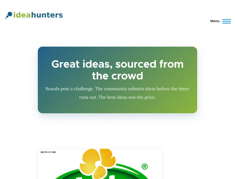 The rebuilt Ideahunters front page on Drupal 11: the tagline 'Great ideas, sourced from the crowd' over a blue-green hero card, with an archived brand challenge below.