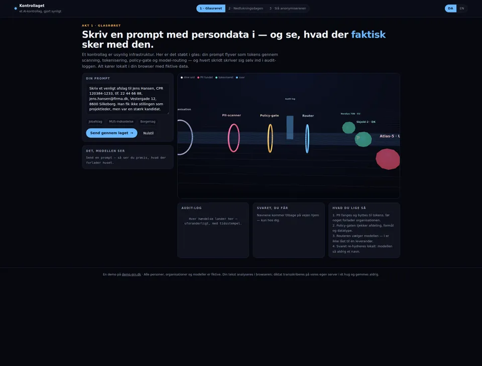 Act one of the Kontrollaget demo: a prompt with fictional personal data on the left, and the three.js glass pipeline — PII scanner, policy gate and model router rings — carrying tokens toward the models on the right.