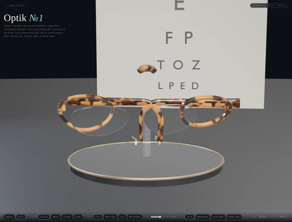 The Optik №1 configurator: tortoiseshell acetate spectacles on a display stand in front of an eye chart, with frame, lens and prescription controls along the bottom of the browser scene.