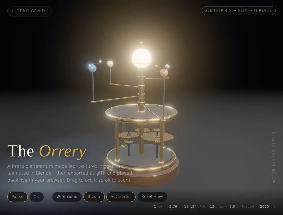 The Orrery demo: a brass planetarium with a glowing sun, four planets on their arms and the gear train under the deck, rendered live with three.js, with pause, speed, wireframe, bloom and auto-orbit controls.