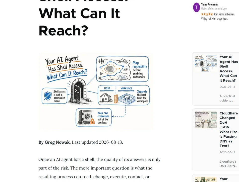 A pipeline-written article on grn.dk — 'Your AI Agent Has Shell Access. What Can It Reach?' — with its auto-drawn sketch infographic of a shell doorway, a host/workspace wall and a credentials safe, next to a sidebar of other daily articles.