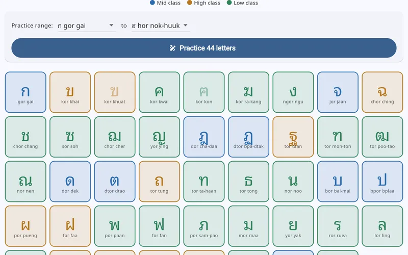 The abc.grn.dk alphabet screen: all 44 Thai consonants as cards colour-coded by class — mid blue, high orange, low green — each with its romanized name, above a practice-range picker and a "Practice 44 letters" button.
