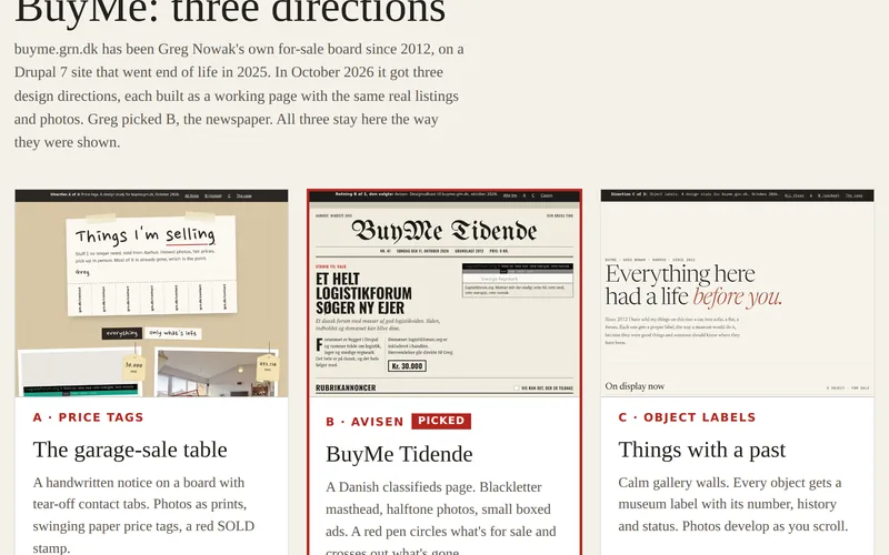 The BuyMe directions overview on demo.grn.dk: three screenshots side by side, a handwritten price-tag board, the BuyMe Tidende newspaper marked Picked, and a quiet gallery page.