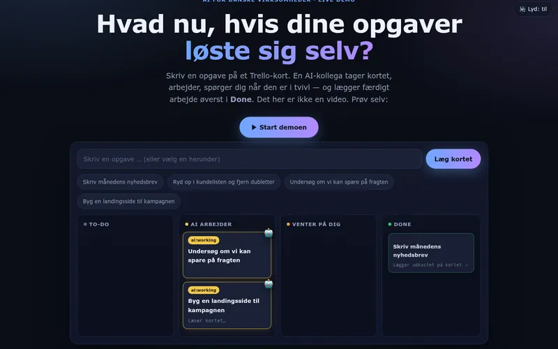 cases.grn.dk: the interactive kanban demo with two cards labelled ai:working and one finished card in Done