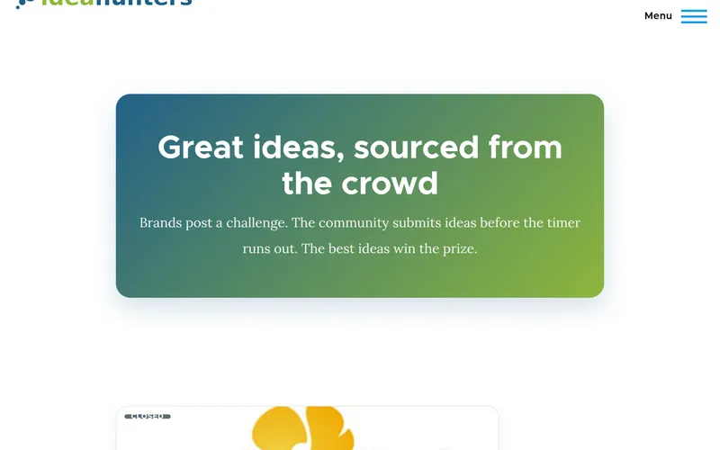 The rebuilt Ideahunters front page on Drupal 11: the tagline 'Great ideas, sourced from the crowd' over a blue-green hero card, with an archived brand challenge below.
