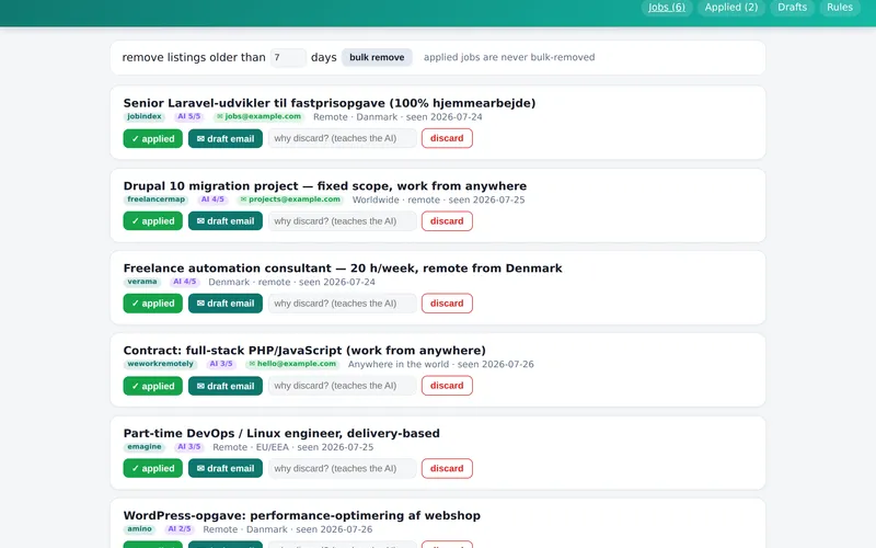 The job finder's job list, captured from a throwaway demo copy seeded with invented rows — the header reads "Job finder — demo data" beside the list of sources. Each card carries a job title, a source chip (jobindex, verama, freelancermap, emagine, weworkremotely, amino), an AI score out of 5, an optional contact-mail chip, a location and a seen-date, then three actions: applied, draft email, and discard with a "why discard?" note. No real advertisement or employer appears.