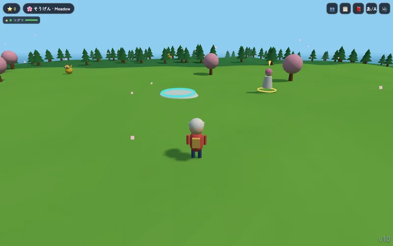 KotobaMon running in a browser: the low-poly island in third person, the trainer standing on a green meadow with cherry trees and pines, two wild monsters roaming nearby and a healing pad ahead. The HUD shows the score, the current biome そうげん · Meadow and the party slot コダマ.