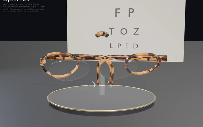 The Optik №1 configurator: tortoiseshell acetate spectacles on a display stand in front of an eye chart, with frame, lens and prescription controls along the bottom of the browser scene.