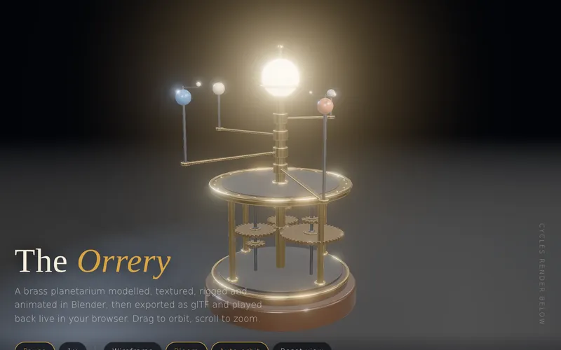 The Orrery demo: a brass planetarium with a glowing sun, four planets on their arms and the gear train under the deck, rendered live with three.js, with pause, speed, wireframe, bloom and auto-orbit controls.