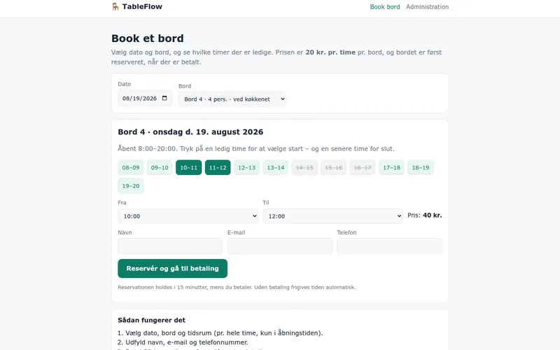 The TableFlow booking page: the hour grid for Bord 4 on 19 August 2026, with three hours struck through as taken, 10:00-12:00 selected in green, and the price updated live to 40 kr.