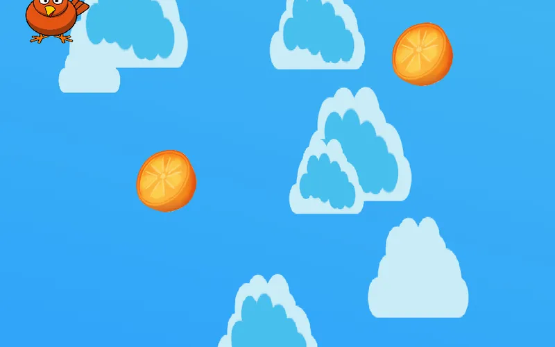 Vegan Power running in a browser tab on a phone-shaped screen: seven full hearts and the score line "Vegan Power: 1" across the top, a blue sky of cartoon clouds with two oranges and a pear falling through it, a chicken, a dog and a penguin drifting down among them, and the round yellow player waiting with its mouth open at the bottom of the play column.