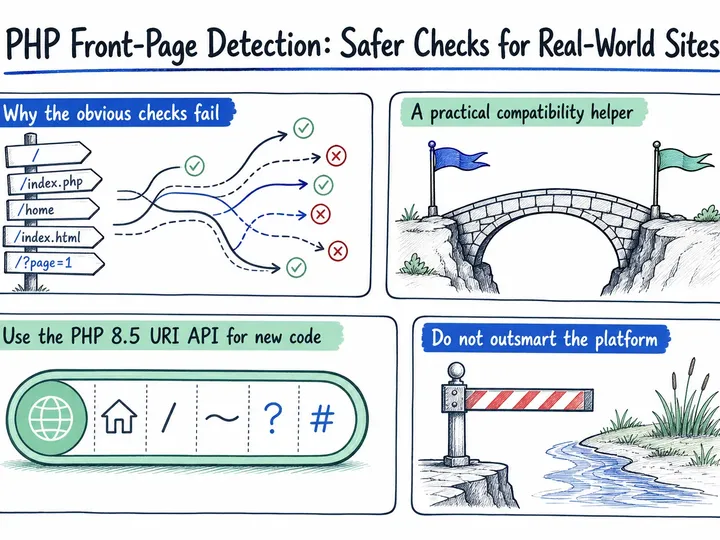 Illustrated infographic summarizing: PHP Front-Page Detection: Safer Checks for Real-World Sites