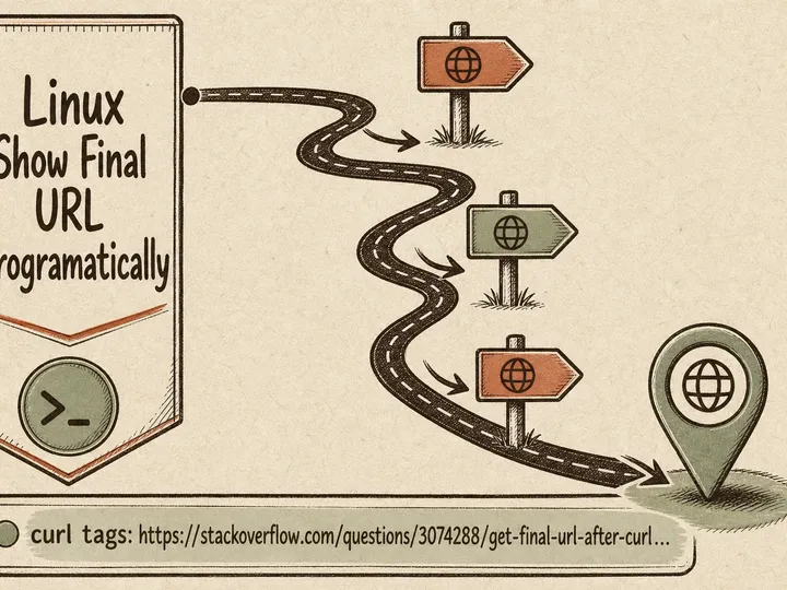 Illustrated infographic summarizing: Linux Show Final URL Programatically