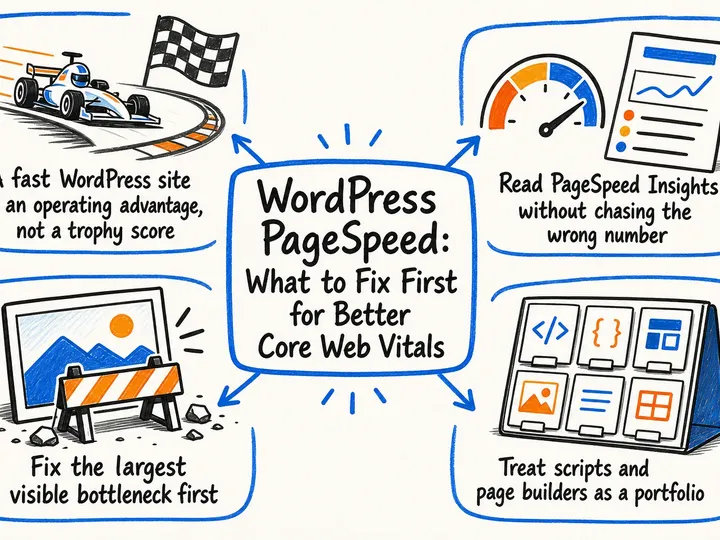 Illustrated infographic summarizing: WordPress PageSpeed: What to Fix First for Better Core Web Vitals