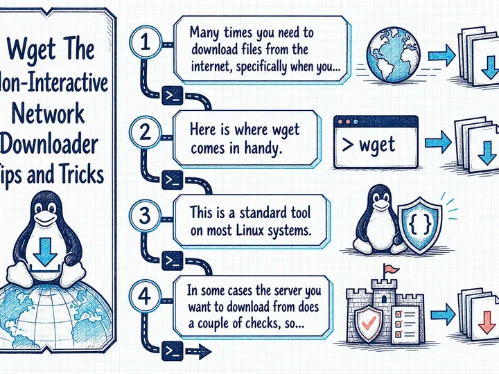 Illustrated infographic summarizing: Wget The Non-Interactive Network Downloader Tips and Tricks