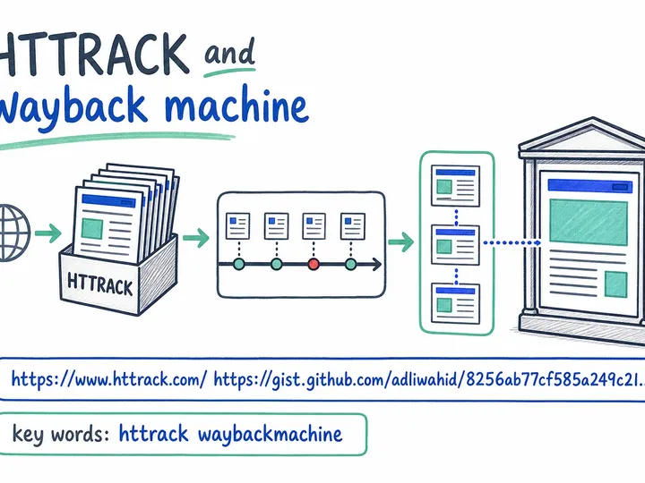 Illustrated infographic summarizing: HTTRACK and wayback machine