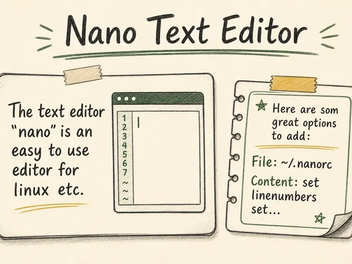 Illustrated infographic summarizing: Nano Text Editor