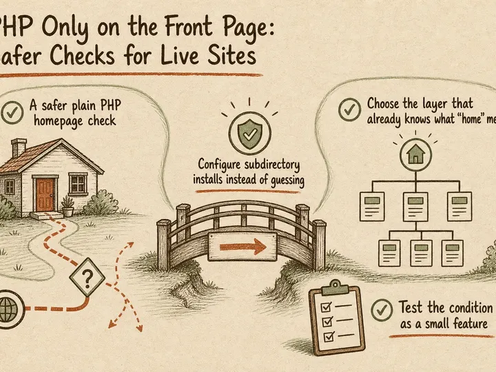 Illustrated infographic summarizing: PHP Only on the Front Page: Safer Checks for Live Sites